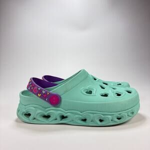 SKECHERS Foamies Clogs Mint Green Purple Heart Slip On Sandals Youth Size 4